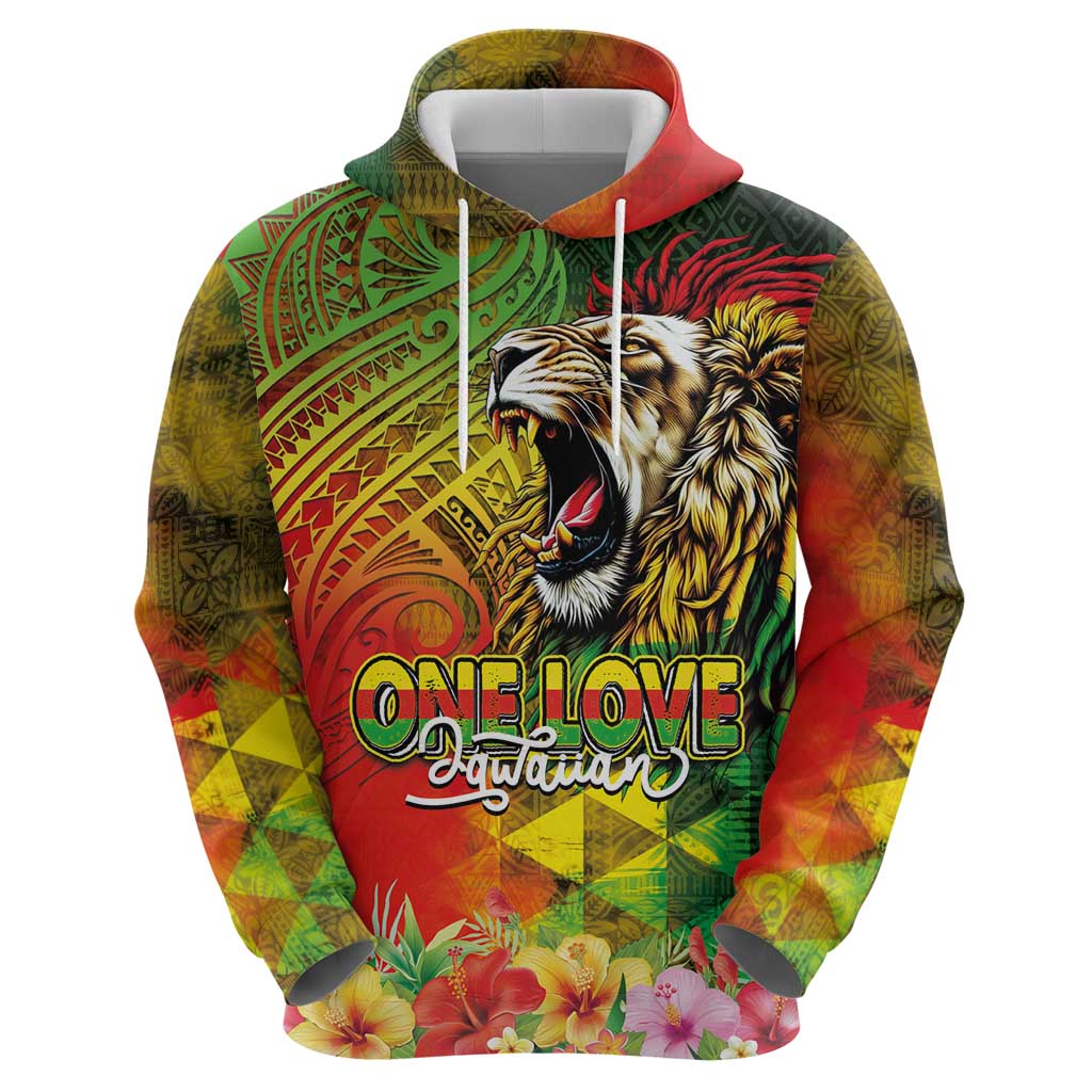 Hawaiian Reggae Zip Hoodie Jawaiian One Love-Tribal Tatoos and Rastafari Lion - Polynesian Pride