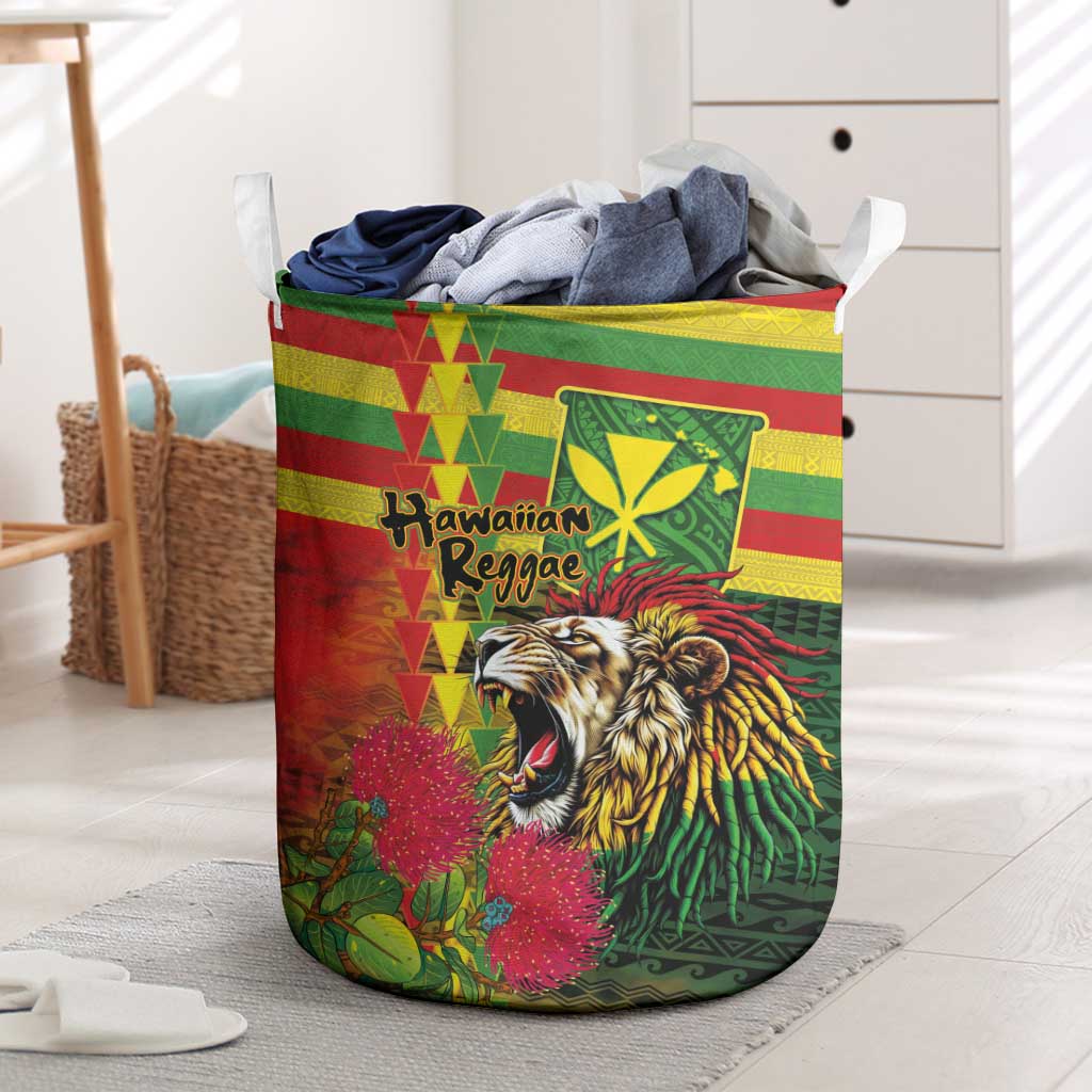 Hawaiian Reggae Laundry Basket Kakau Art Motifs with Ohia Lehua and Rastafari Lion - Polynesian Pride