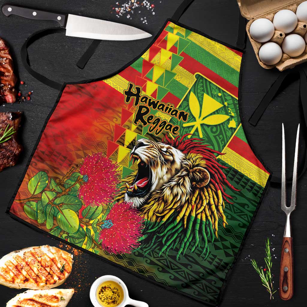 Hawaiian Reggae Apron Kakau Art Motifs with Ohia Lehua and Rastafari Lion - Polynesian Pride