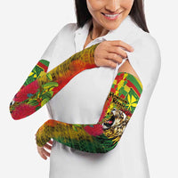 Hawaiian Reggae Arm Sleeves Kakau Art Motifs with Ohia Lehua and Rastafari Lion - Polynesian Pride