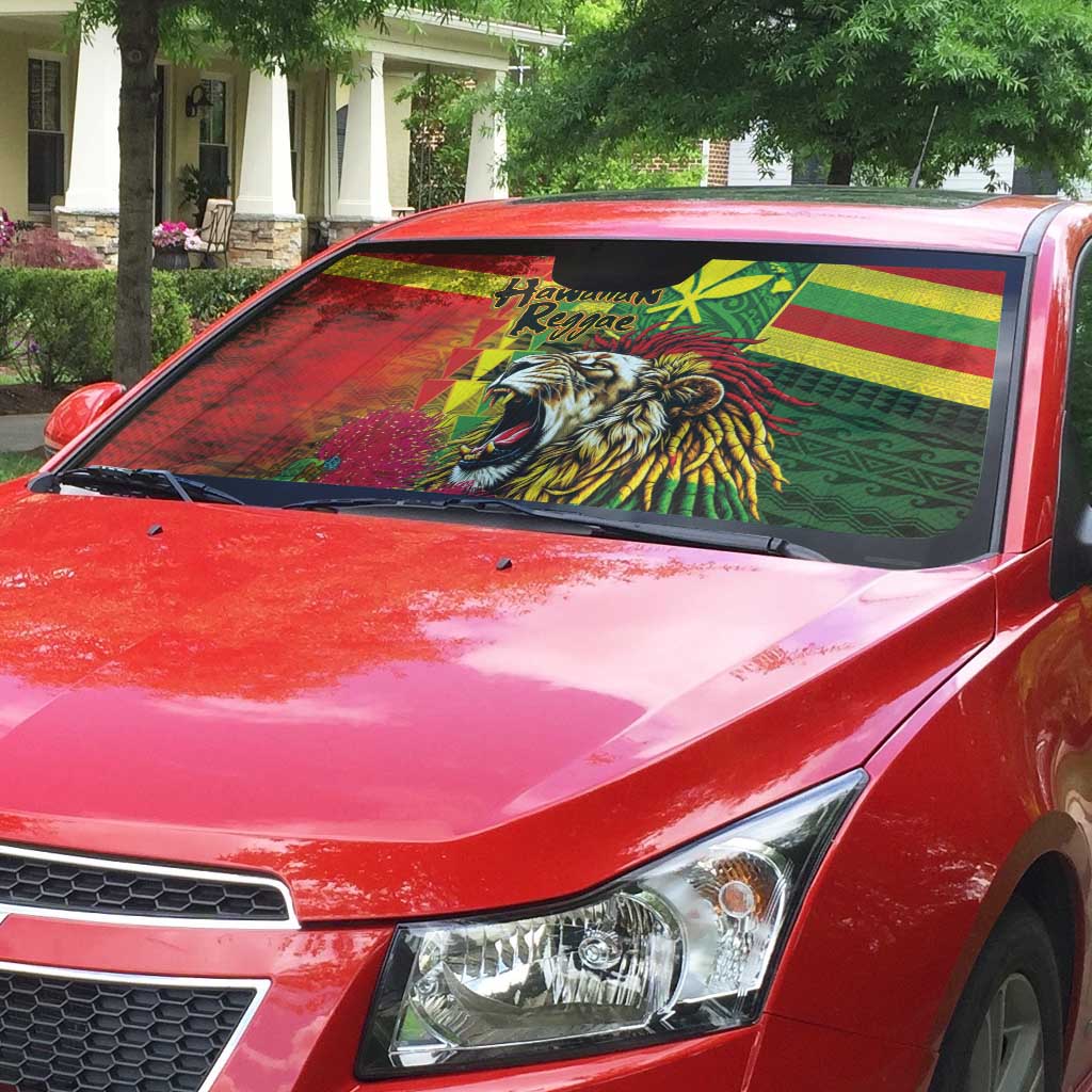 Hawaiian Reggae Auto Sun Shade Kakau Art Motifs with Ohia Lehua and Rastafari Lion - Polynesian Pride