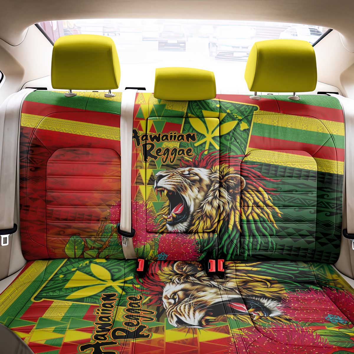 Hawaiian Reggae Back Car Seat Cover Kakau Art Motifs with Ohia Lehua and Rastafari Lion - Polynesian Pride