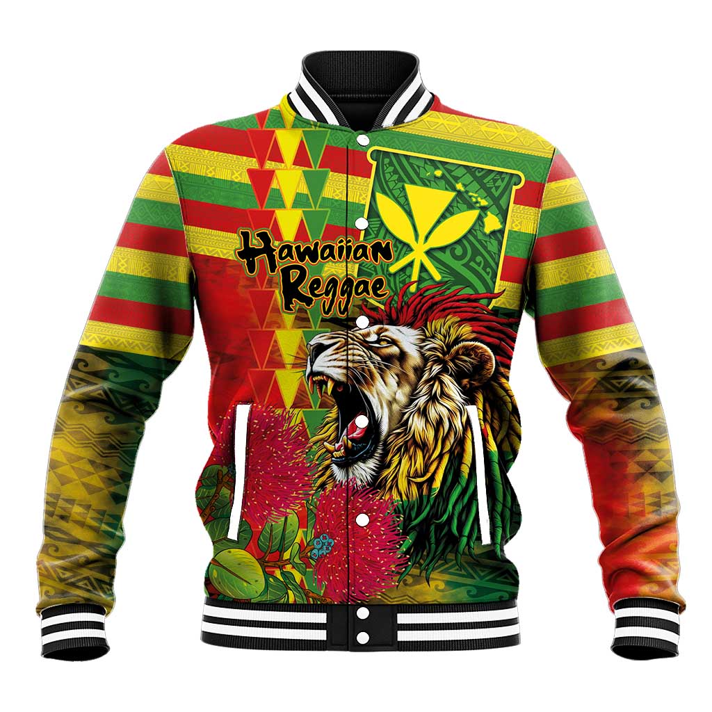 Hawaiian Reggae Baseball Jacket Kakau Art Motifs with Ohia Lehua and Rastafari Lion - Polynesian Pride