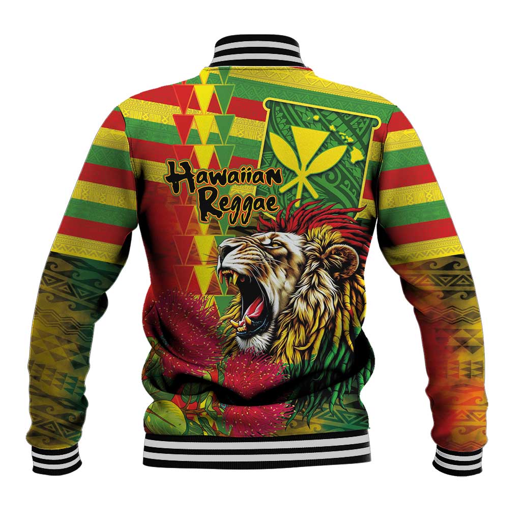 Hawaiian Reggae Baseball Jacket Kakau Art Motifs with Ohia Lehua and Rastafari Lion - Polynesian Pride