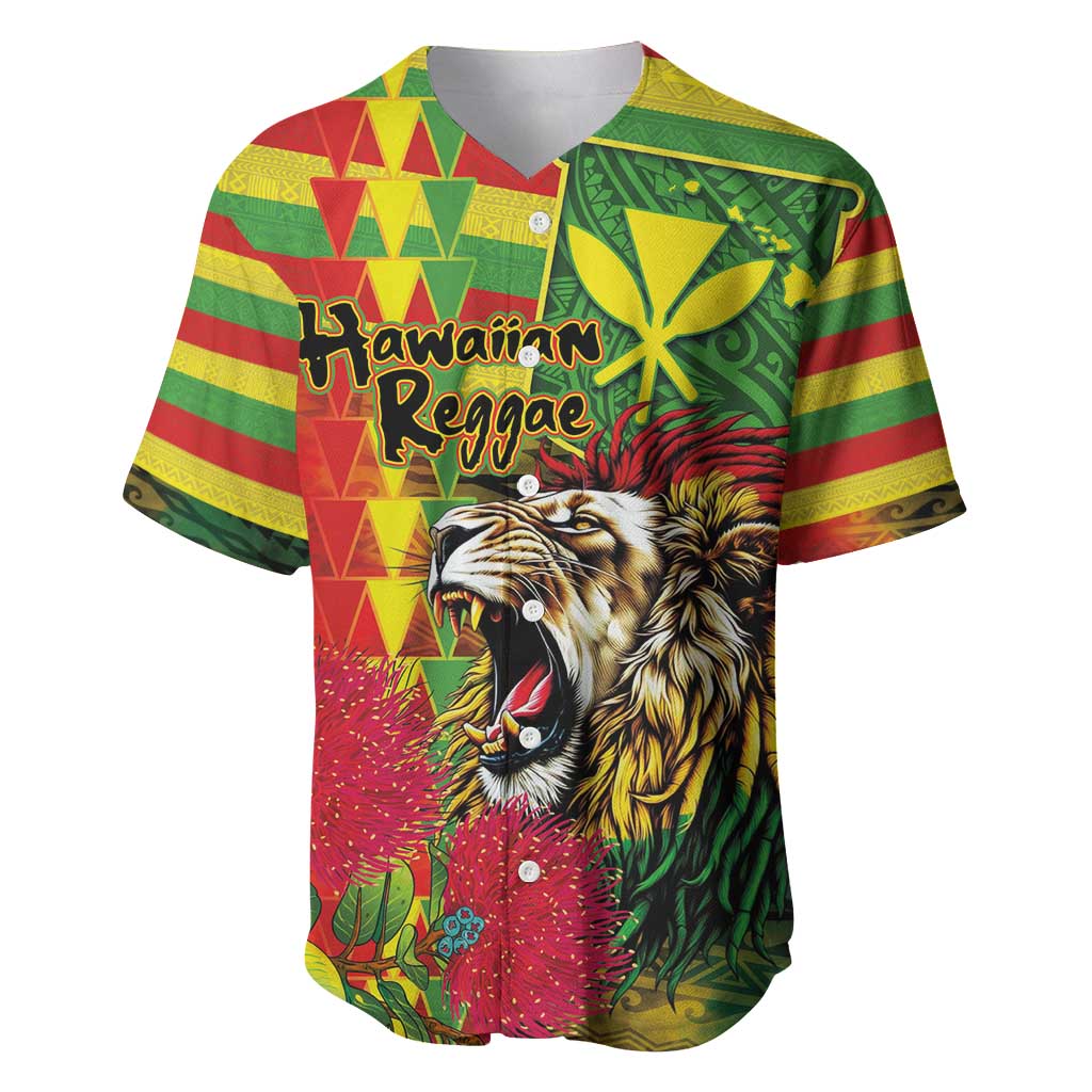 Hawaiian Reggae Baseball Jersey Kakau Art Motifs with Ohia Lehua and Rastafari Lion - Polynesian Pride