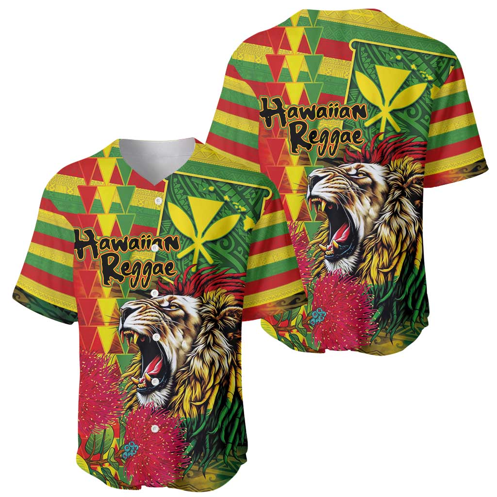 Hawaiian Reggae Baseball Jersey Kakau Art Motifs with Ohia Lehua and Rastafari Lion - Polynesian Pride