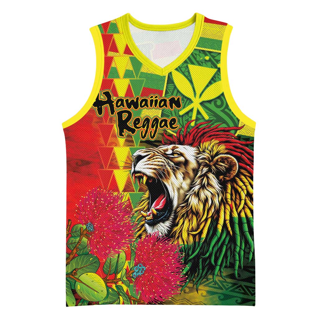 Hawaiian Reggae Basketball Jersey Kakau Art Motifs with Ohia Lehua and Rastafari Lion - Polynesian Pride