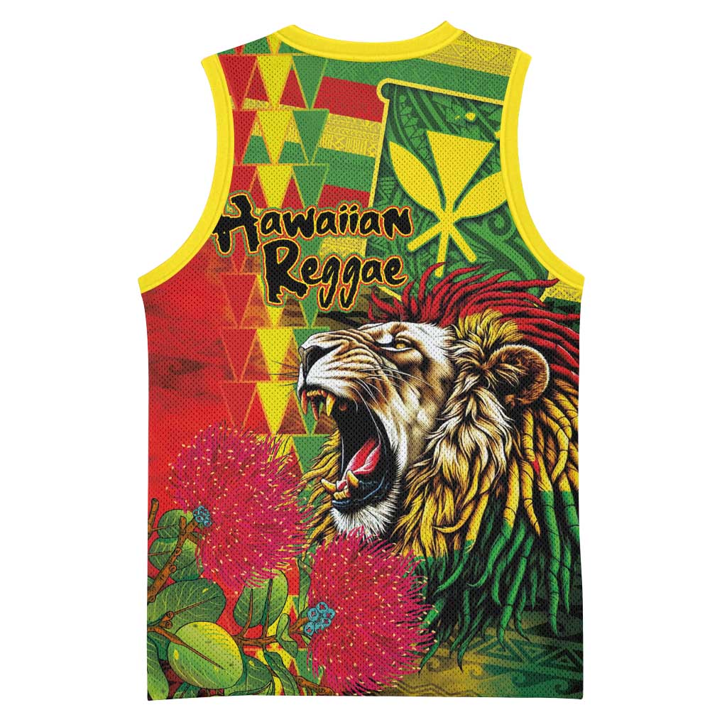 Hawaiian Reggae Basketball Jersey Kakau Art Motifs with Ohia Lehua and Rastafari Lion - Polynesian Pride