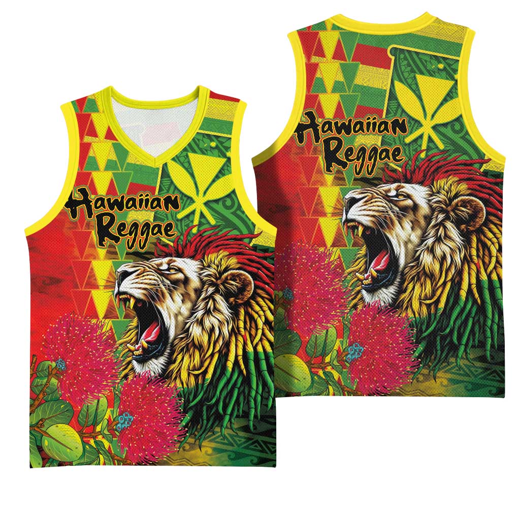 Hawaiian Reggae Basketball Jersey Kakau Art Motifs with Ohia Lehua and Rastafari Lion - Polynesian Pride
