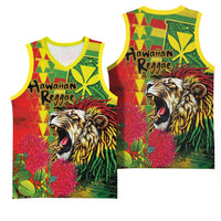 Hawaiian Reggae Basketball Jersey Kakau Art Motifs with Ohia Lehua and Rastafari Lion - Polynesian Pride