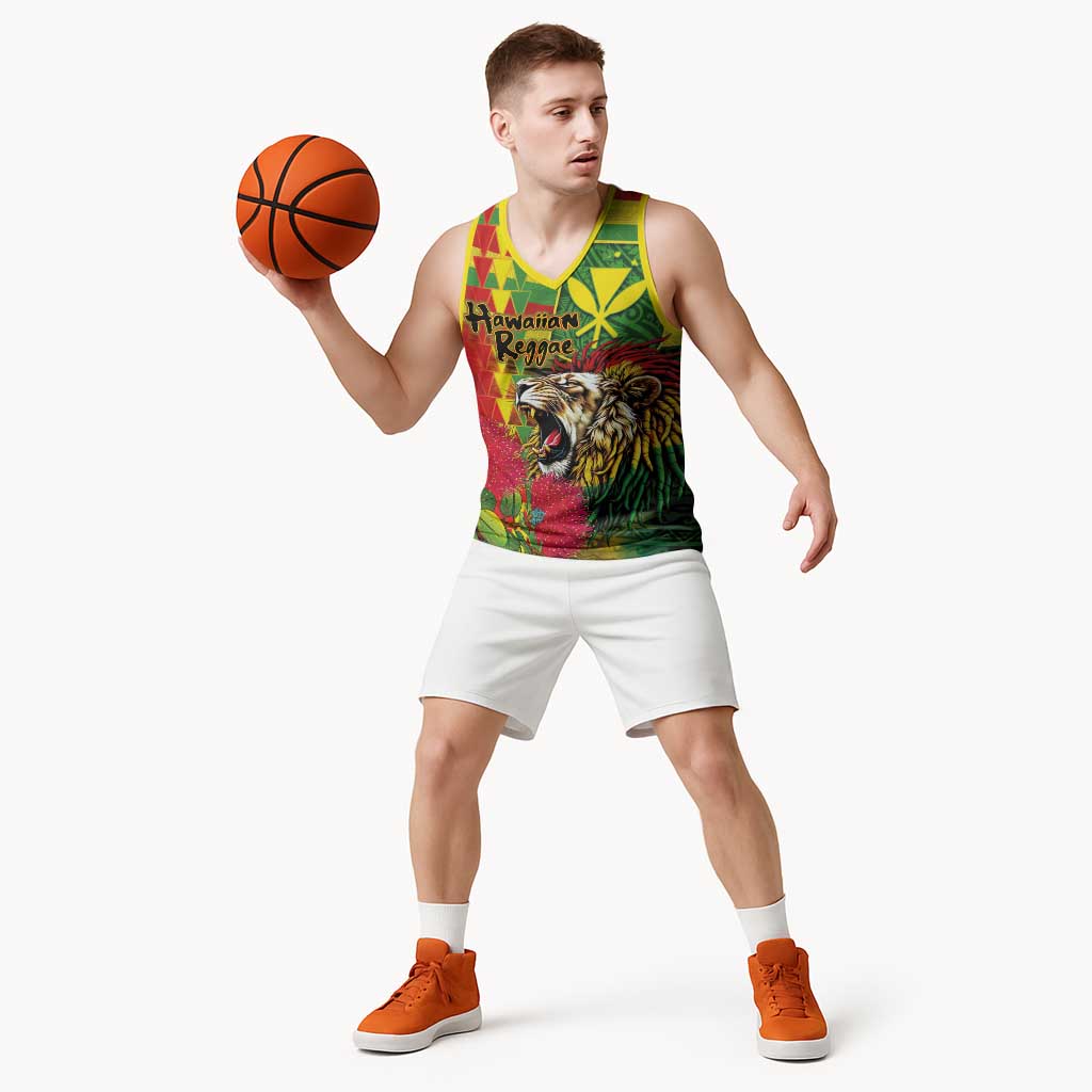 Hawaiian Reggae Basketball Jersey Kakau Art Motifs with Ohia Lehua and Rastafari Lion - Polynesian Pride