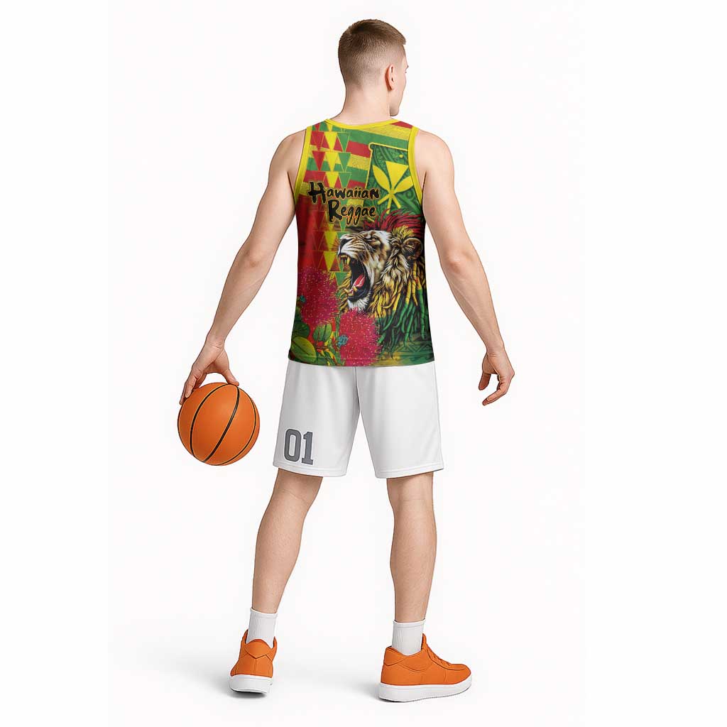 Hawaiian Reggae Basketball Jersey Kakau Art Motifs with Ohia Lehua and Rastafari Lion - Polynesian Pride