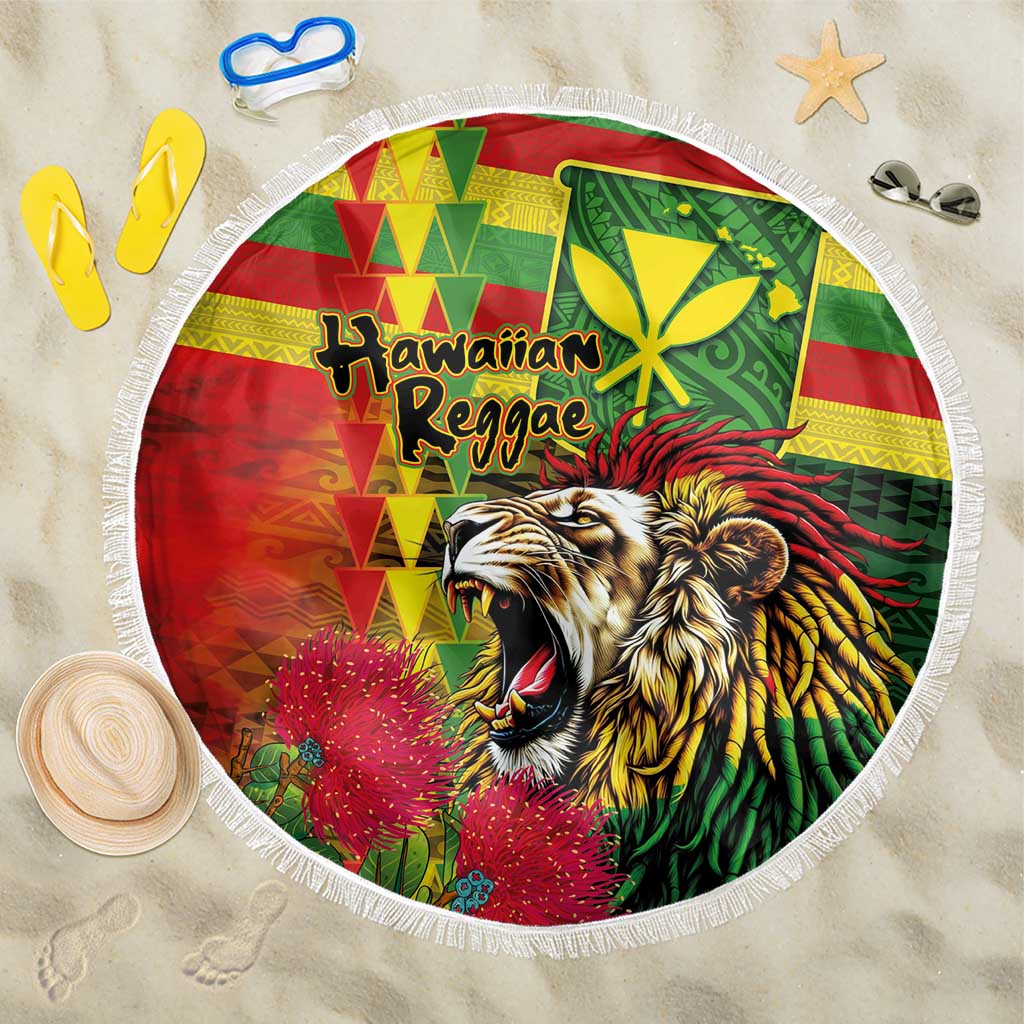 Hawaiian Reggae Beach Blanket Kakau Art Motifs with Ohia Lehua and Rastafari Lion - Polynesian Pride