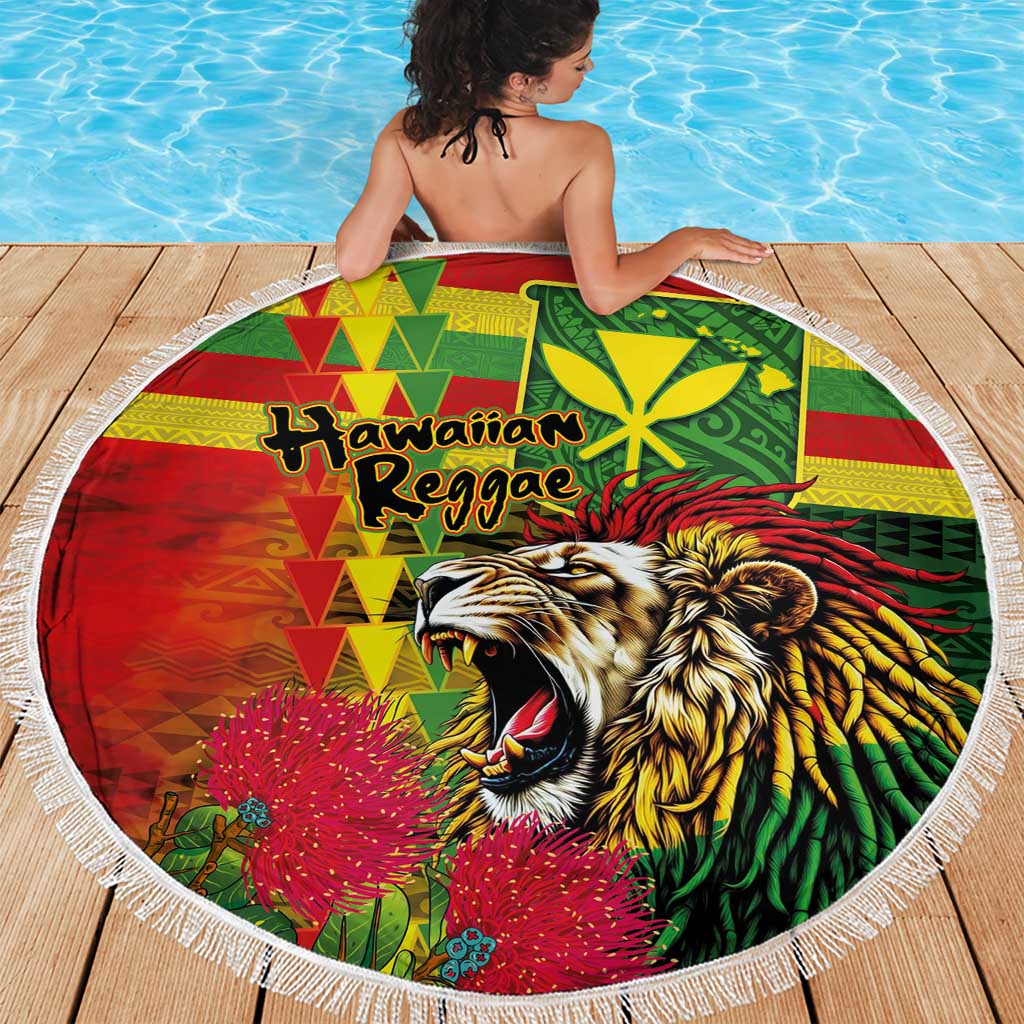 Hawaiian Reggae Beach Blanket Kakau Art Motifs with Ohia Lehua and Rastafari Lion - Polynesian Pride