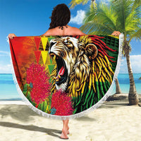 Hawaiian Reggae Beach Blanket Kakau Art Motifs with Ohia Lehua and Rastafari Lion - Polynesian Pride