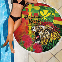Hawaiian Reggae Beach Blanket Kakau Art Motifs with Ohia Lehua and Rastafari Lion - Polynesian Pride