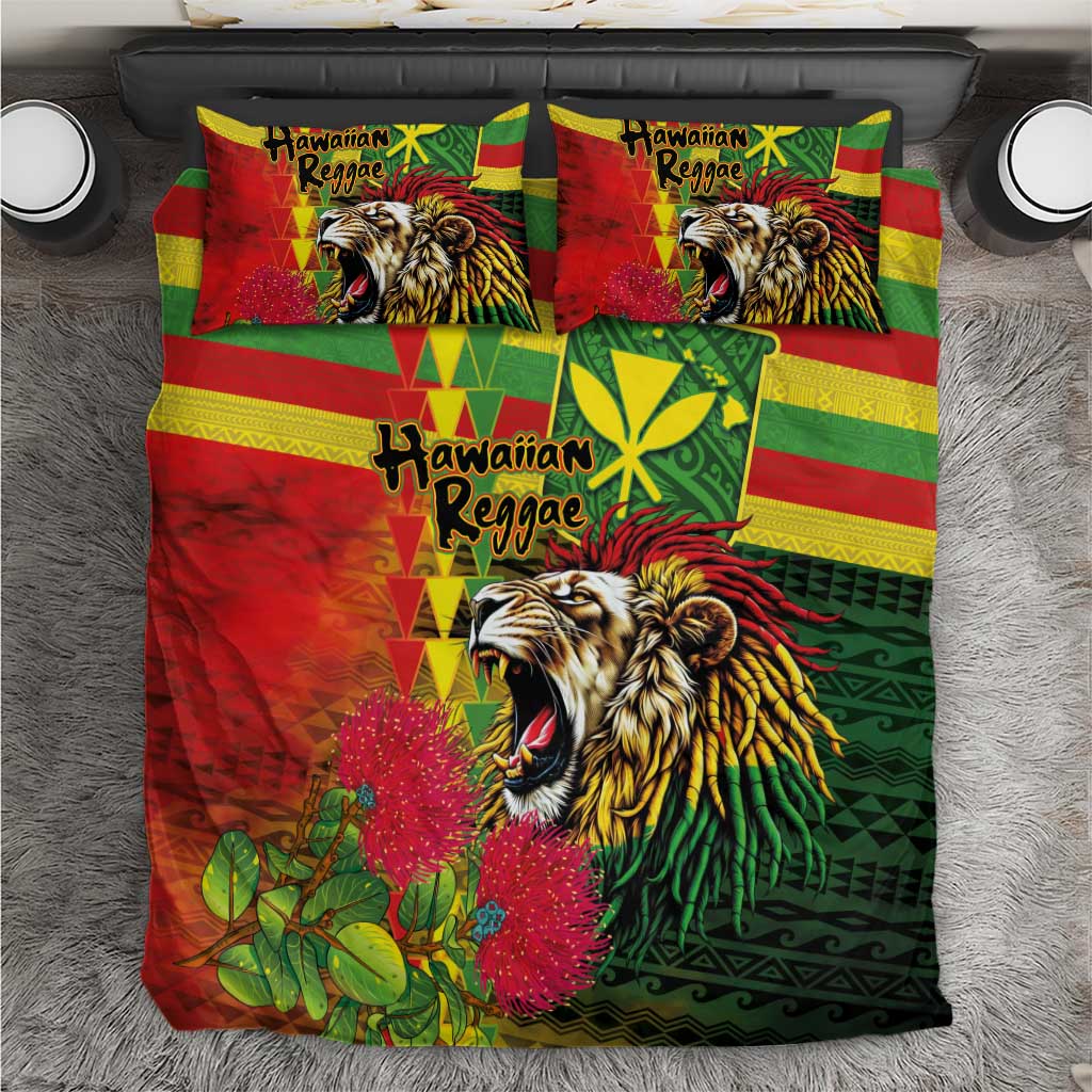 Hawaiian Reggae Bedding Set Kakau Art Motifs with Ohia Lehua and Rastafari Lion - Polynesian Pride