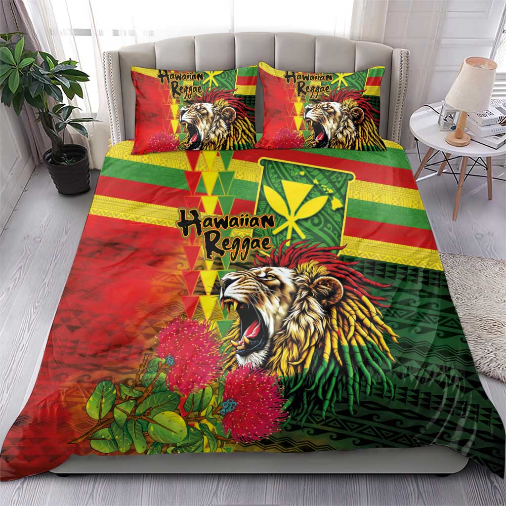 Hawaiian Reggae Bedding Set Kakau Art Motifs with Ohia Lehua and Rastafari Lion - Polynesian Pride