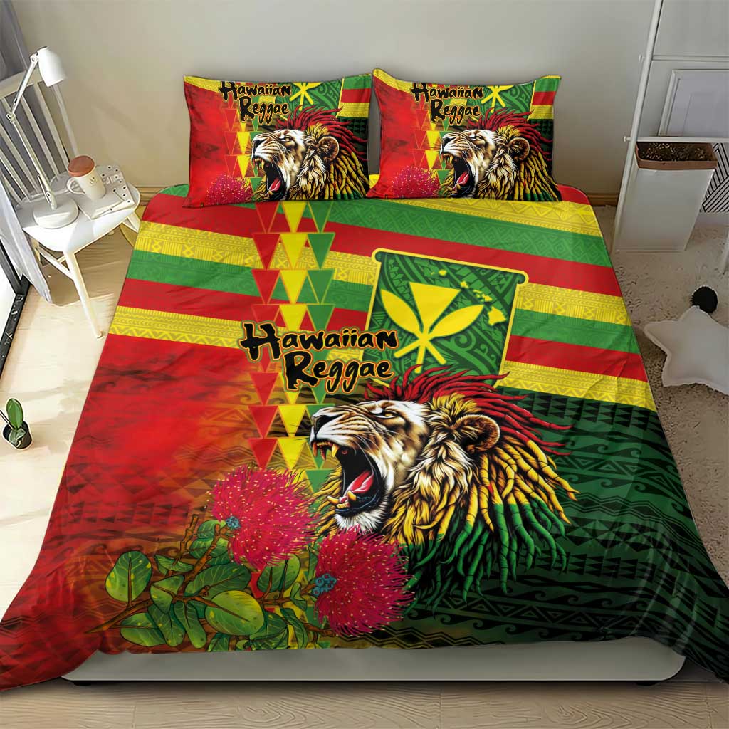 Hawaiian Reggae Bedding Set Kakau Art Motifs with Ohia Lehua and Rastafari Lion - Polynesian Pride