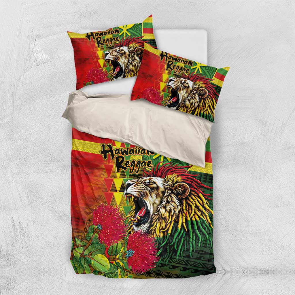 Hawaiian Reggae Bedding Set Kakau Art Motifs with Ohia Lehua and Rastafari Lion - Polynesian Pride