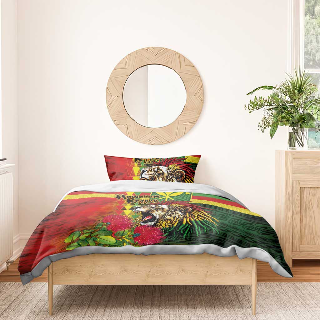Hawaiian Reggae Bedding Set Kakau Art Motifs with Ohia Lehua and Rastafari Lion - Polynesian Pride