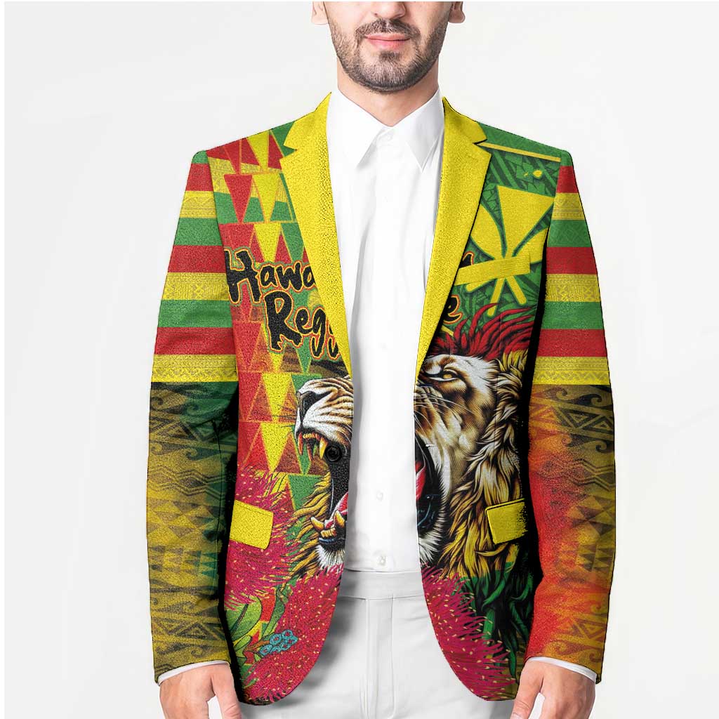 Hawaiian Reggae Blazer Kakau Art Motifs with Ohia Lehua and Rastafari Lion - Polynesian Pride