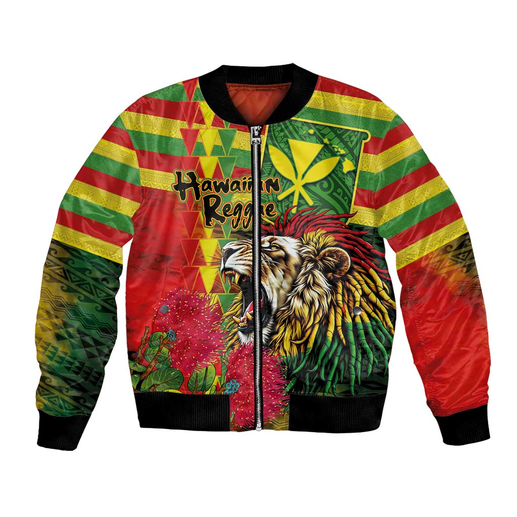 Hawaiian Reggae Bomber Jacket Kakau Art Motifs with Ohia Lehua and Rastafari Lion - Polynesian Pride