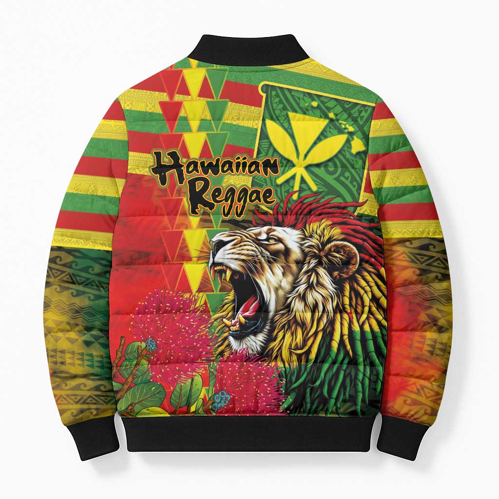 Hawaiian Reggae Bomber Puffer Jacket Kakau Art Motifs with Ohia Lehua and Rastafari Lion - Polynesian Pride