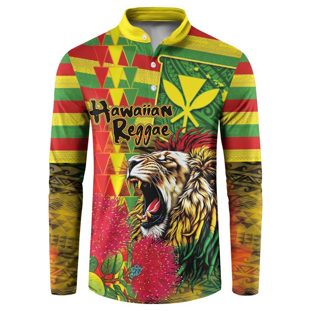 Hawaiian Reggae Button Sweatshirt Kakau Art Motifs with Ohia Lehua and Rastafari Lion - Polynesian Pride