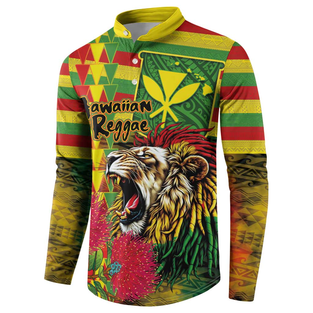 Hawaiian Reggae Button Sweatshirt Kakau Art Motifs with Ohia Lehua and Rastafari Lion - Polynesian Pride