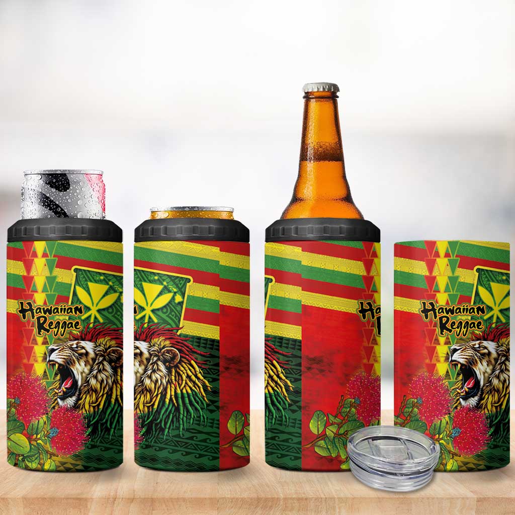 Hawaiian Reggae 4 in 1 Can Cooler Tumbler Kakau Art Motifs with Ohia Lehua and Rastafari Lion - Polynesian Pride