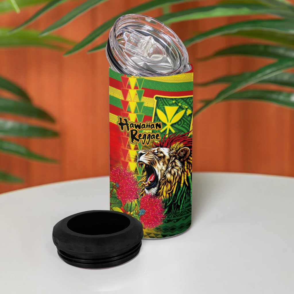 Hawaiian Reggae 4 in 1 Can Cooler Tumbler Kakau Art Motifs with Ohia Lehua and Rastafari Lion - Polynesian Pride