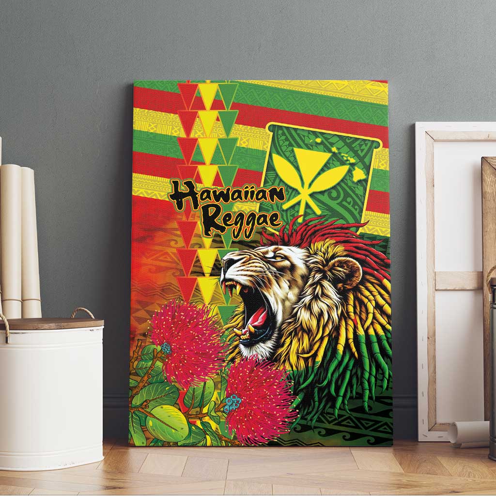 Hawaiian Reggae Canvas Wall Art Kakau Art Motifs with Ohia Lehua and Rastafari Lion - Polynesian Pride