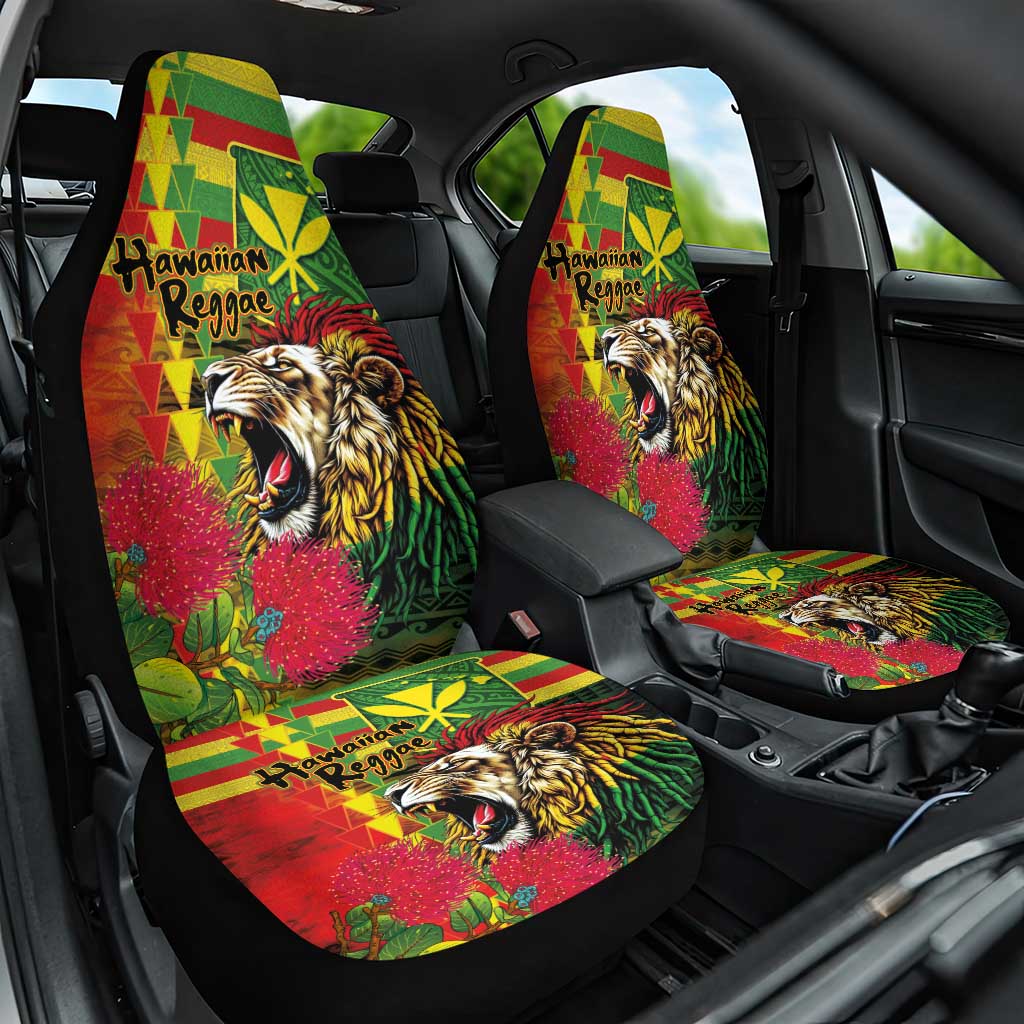 Hawaiian Reggae Car Seat Cover Kakau Art Motifs with Ohia Lehua and Rastafari Lion - Polynesian Pride