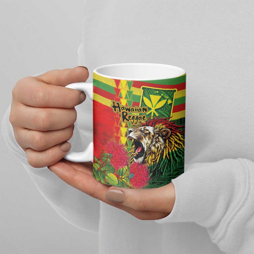 Hawaiian Reggae Ceramic Mug Kakau Art Motifs with Ohia Lehua and Rastafari Lion - Polynesian Pride
