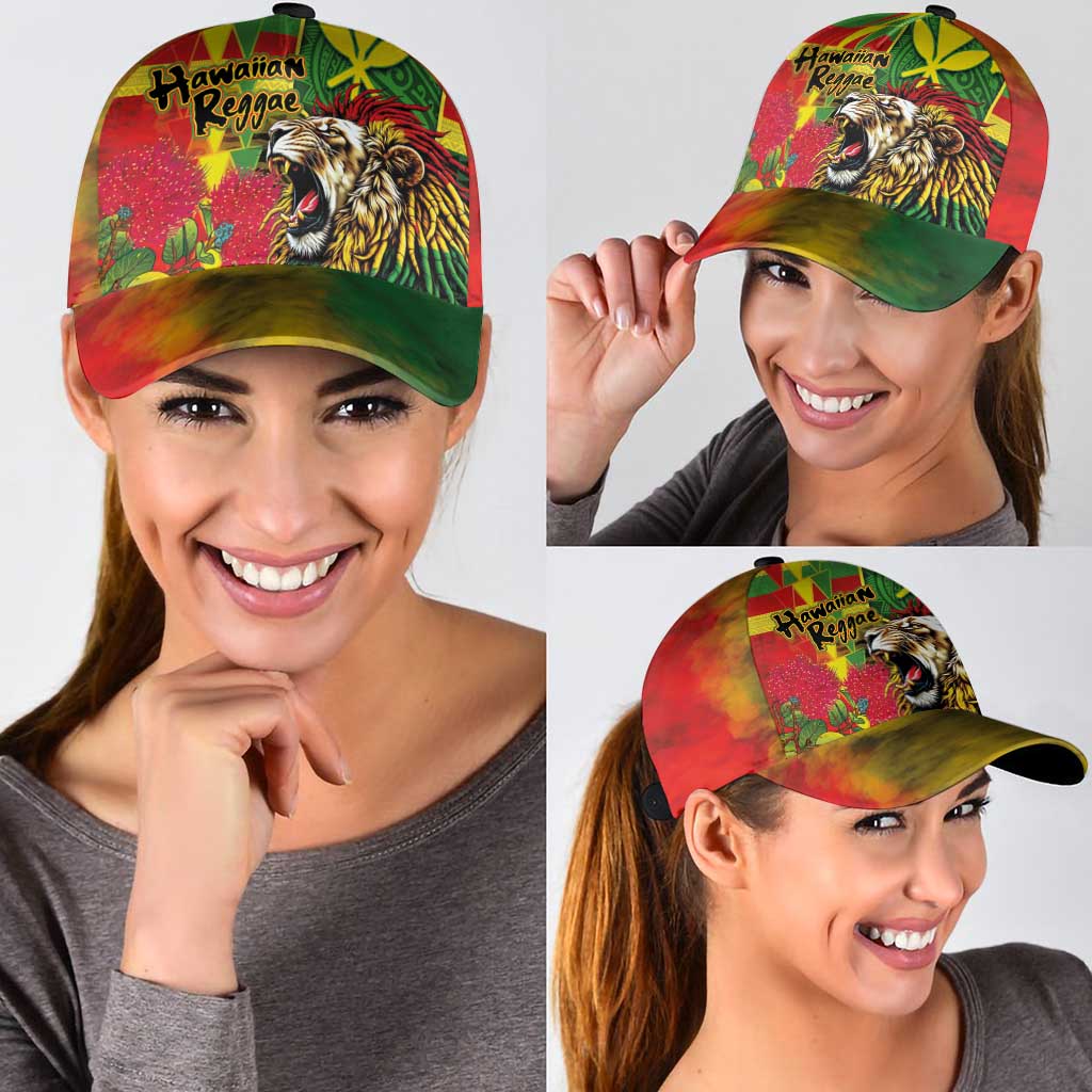 Hawaiian Reggae Classic Cap Kakau Art Motifs with Ohia Lehua and Rastafari Lion - Polynesian Pride