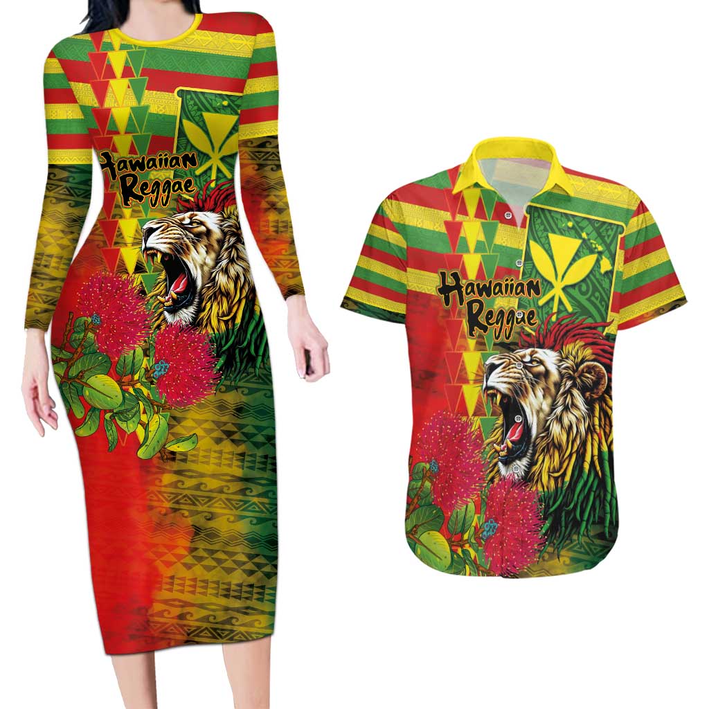 Hawaiian Reggae Couples Matching Long Sleeve Bodycon Dress and Hawaiian Shirt Kakau Art Motifs with Ohia Lehua and Rastafari Lion - Polynesian Pride
