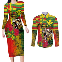 Hawaiian Reggae Couples Matching Long Sleeve Bodycon Dress and Long Sleeve Button Shirt Kakau Art Motifs with Ohia Lehua and Rastafari Lion - Polynesian Pride