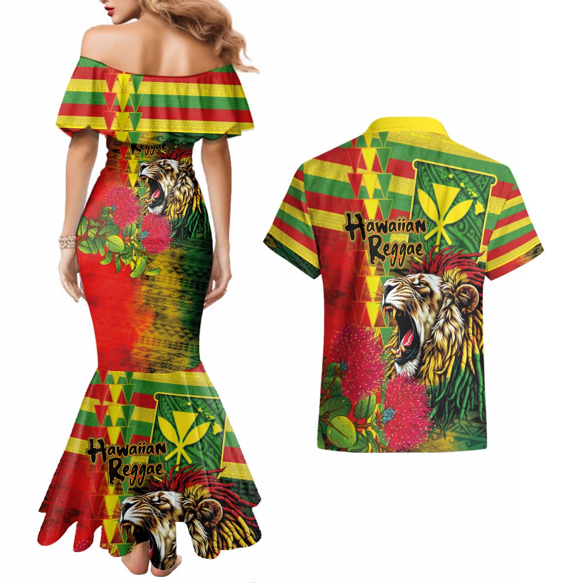Hawaiian Reggae Couples Matching Mermaid Dress and Hawaiian Shirt Kakau Art Motifs with Ohia Lehua and Rastafari Lion - Polynesian Pride