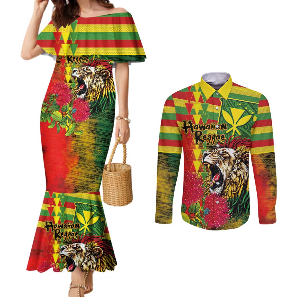 Hawaiian Reggae Couples Matching Mermaid Dress and Long Sleeve Button Shirt Kakau Art Motifs with Ohia Lehua and Rastafari Lion - Polynesian Pride