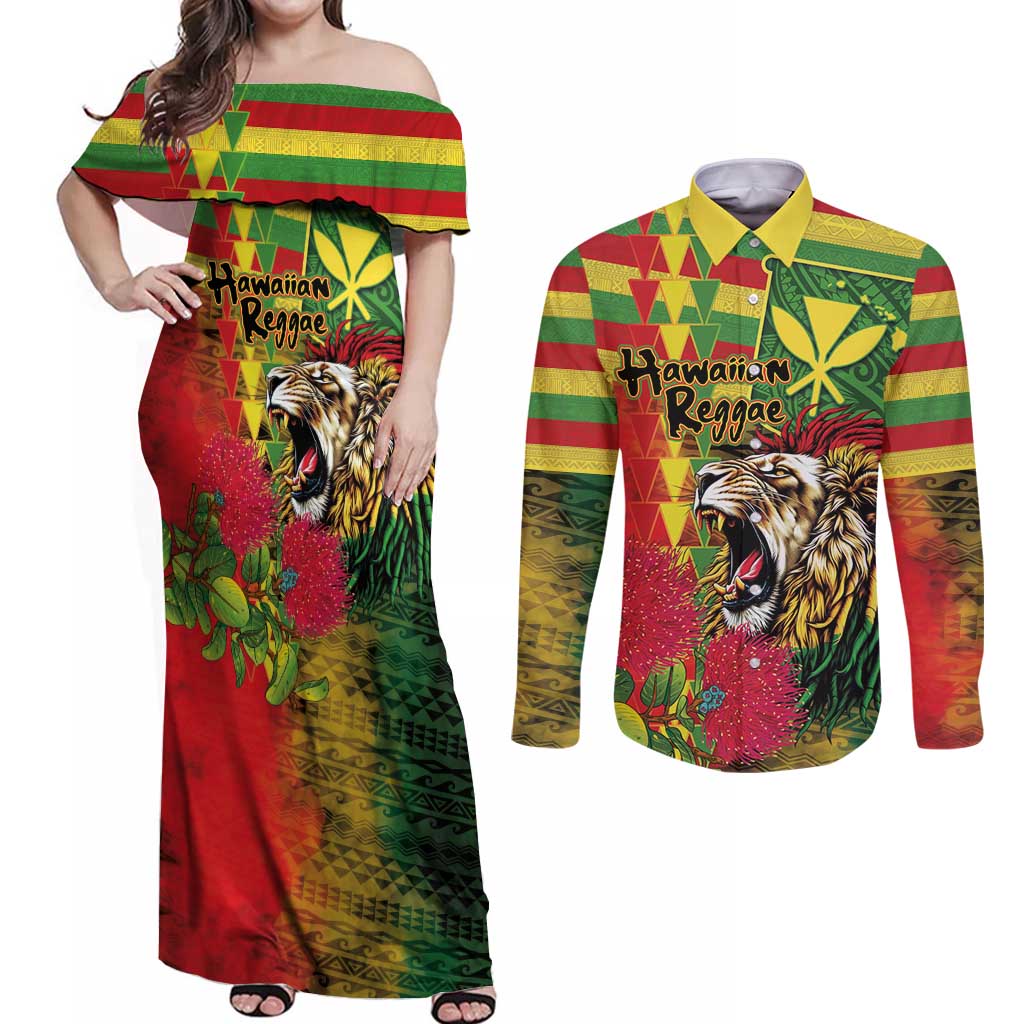 Hawaiian Reggae Couples Matching Off Shoulder Maxi Dress and Long Sleeve Button Shirt Kakau Art Motifs with Ohia Lehua and Rastafari Lion - Polynesian Pride