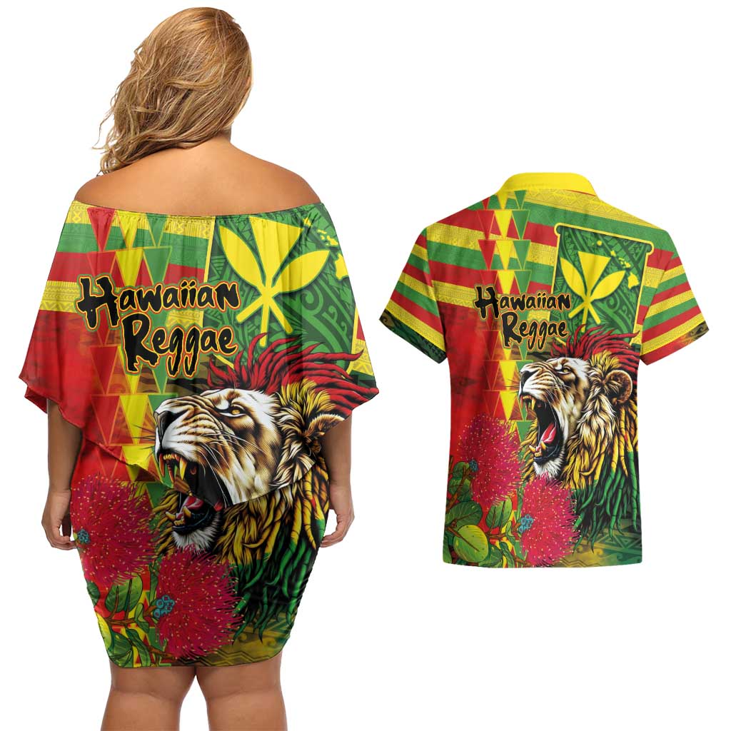 Hawaiian Reggae Couples Matching Off Shoulder Short Dress and Hawaiian Shirt Kakau Art Motifs with Ohia Lehua and Rastafari Lion - Polynesian Pride