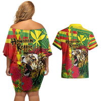 Hawaiian Reggae Couples Matching Off Shoulder Short Dress and Hawaiian Shirt Kakau Art Motifs with Ohia Lehua and Rastafari Lion - Polynesian Pride