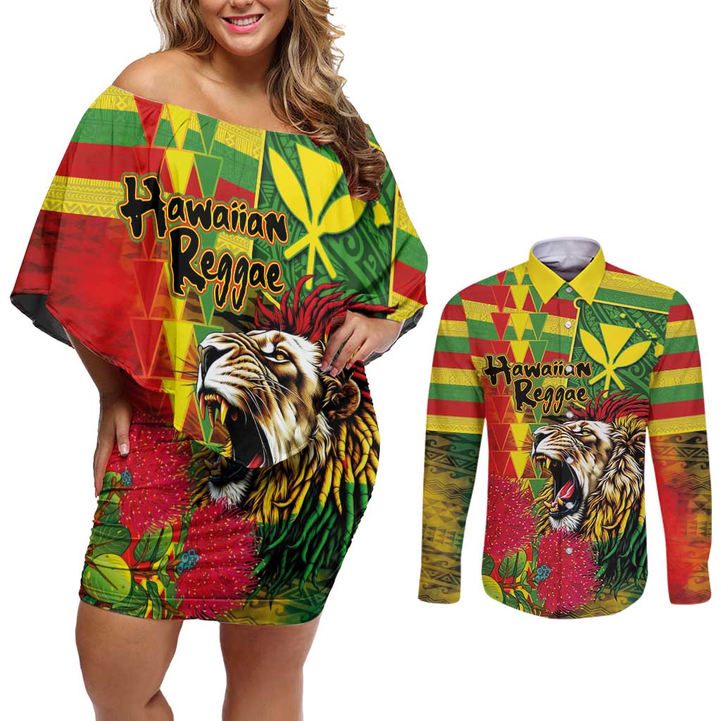 Hawaiian Reggae Couples Matching Off Shoulder Short Dress and Long Sleeve Button Shirt Kakau Art Motifs with Ohia Lehua and Rastafari Lion - Polynesian Pride