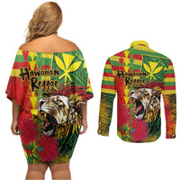 Hawaiian Reggae Couples Matching Off Shoulder Short Dress and Long Sleeve Button Shirt Kakau Art Motifs with Ohia Lehua and Rastafari Lion - Polynesian Pride