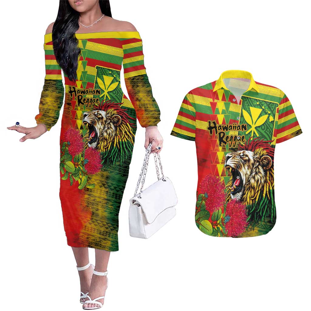 Hawaiian Reggae Couples Matching Off The Shoulder Long Sleeve Dress and Hawaiian Shirt Kakau Art Motifs with Ohia Lehua and Rastafari Lion - Polynesian Pride