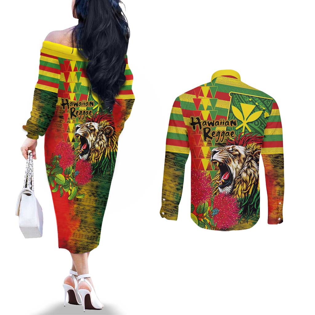 Hawaiian Reggae Couples Matching Off The Shoulder Long Sleeve Dress and Long Sleeve Button Shirt Kakau Art Motifs with Ohia Lehua and Rastafari Lion - Polynesian Pride