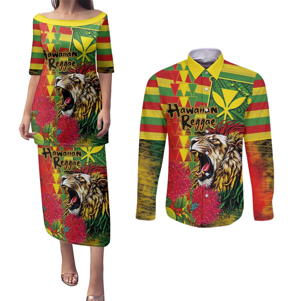 Hawaiian Reggae Couples Matching Puletasi and Long Sleeve Button Shirt Kakau Art Motifs with Ohia Lehua and Rastafari Lion - Polynesian Pride