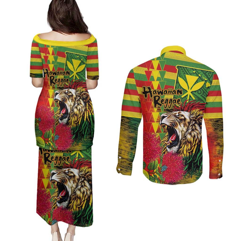Hawaiian Reggae Couples Matching Puletasi and Long Sleeve Button Shirt Kakau Art Motifs with Ohia Lehua and Rastafari Lion - Polynesian Pride