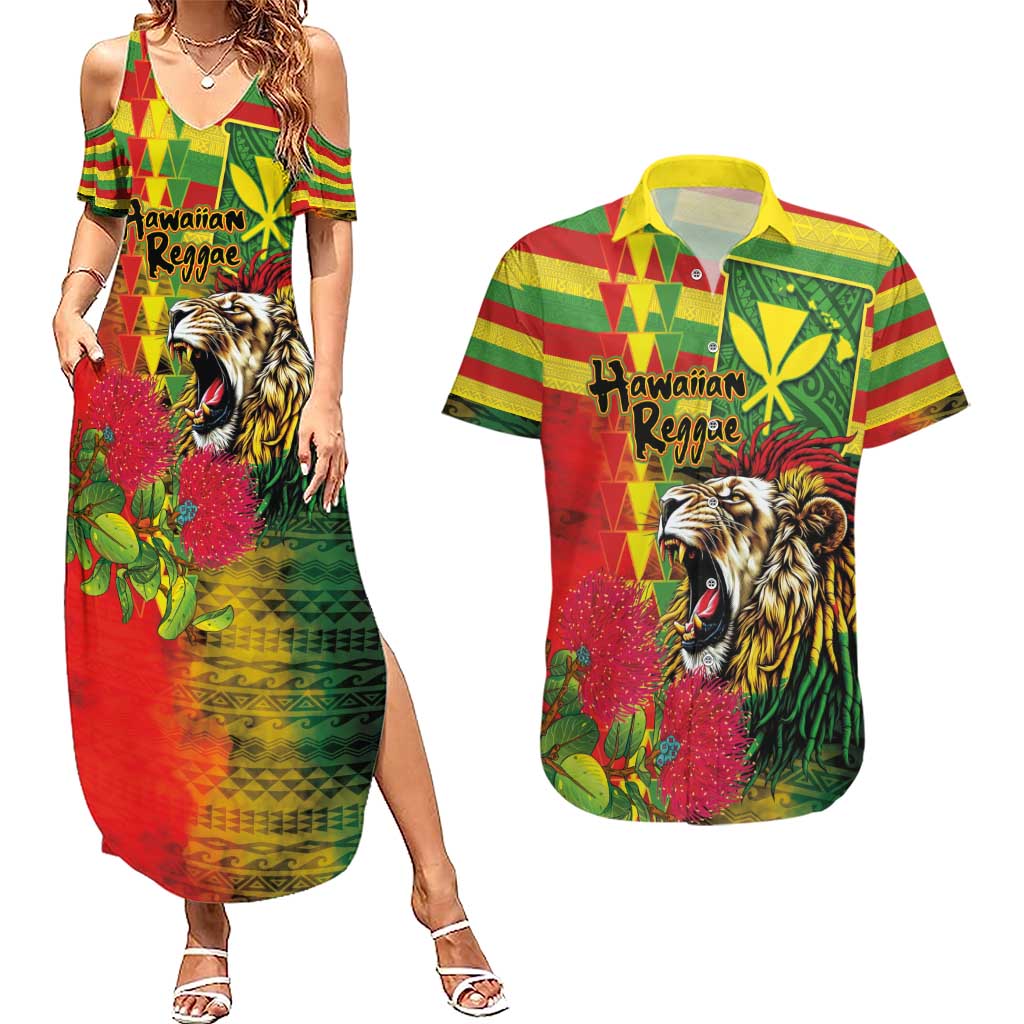 Hawaiian Reggae Couples Matching Summer Maxi Dress and Hawaiian Shirt Kakau Art Motifs with Ohia Lehua and Rastafari Lion - Polynesian Pride
